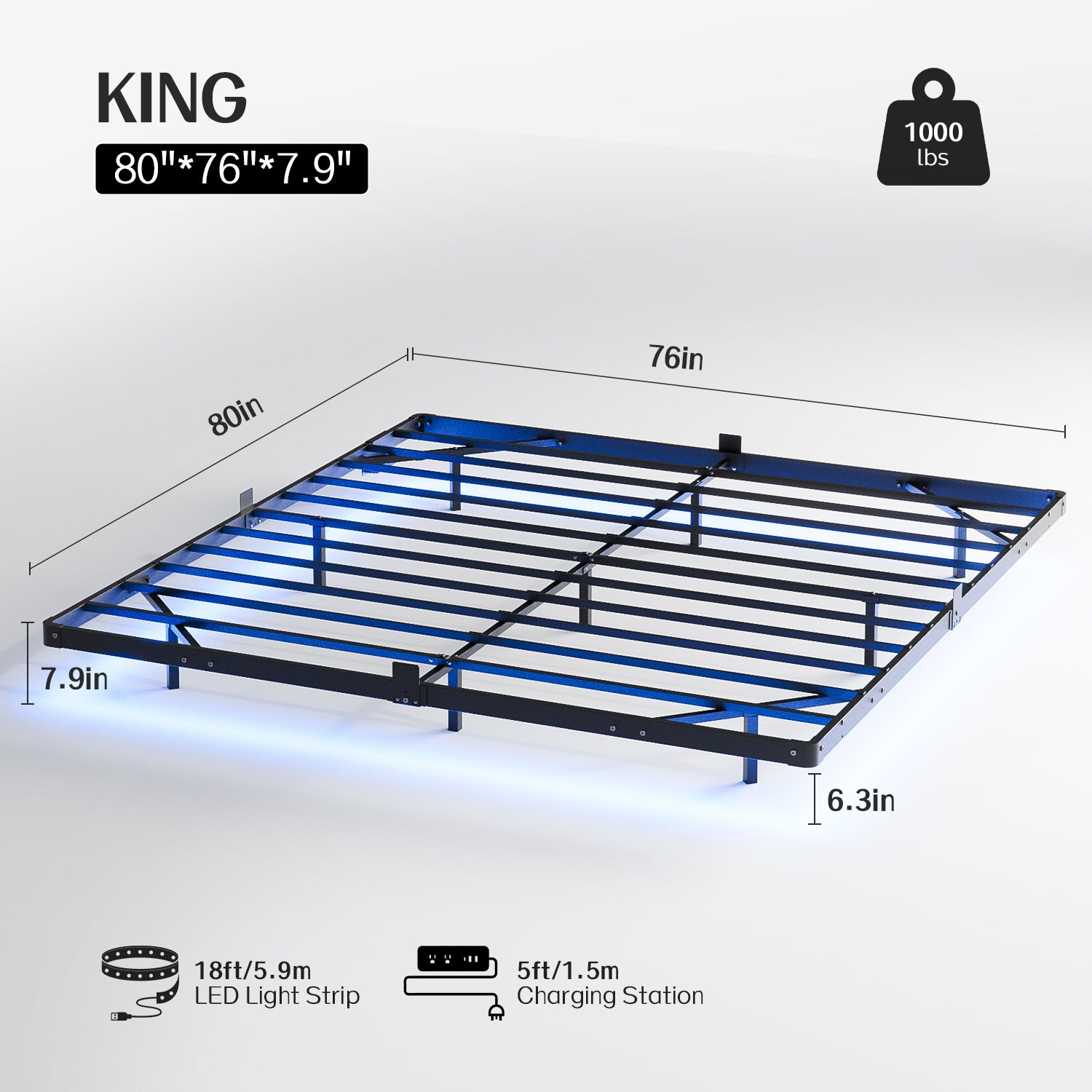 Kbun King Floating Bed Frame with Smart LED Lights and Charging Station, Heavy Duty Metal Platform Bed Frame, Noise-Free, Under-Bed Storage, No Box Spring Needed
