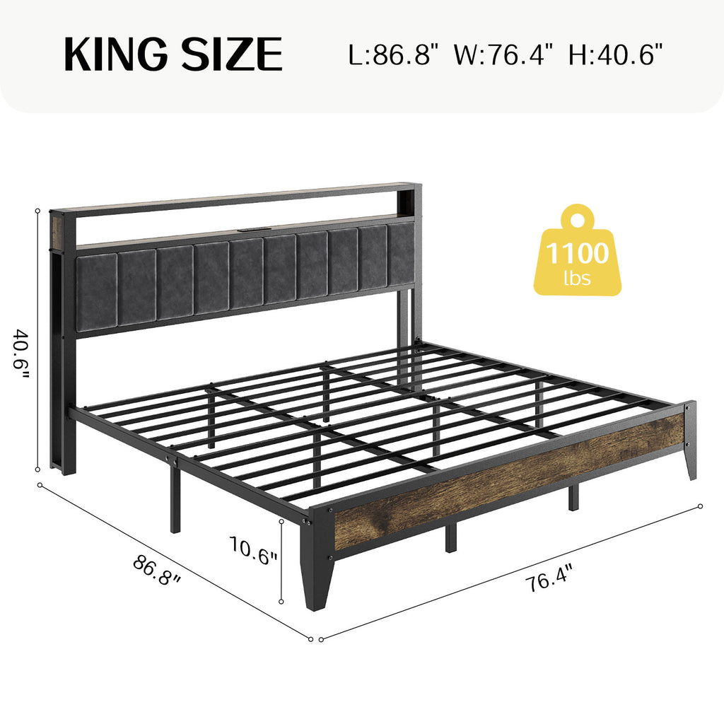 Bexfil King Size Bed Frame with LED Light, Charging Station and Storage Wood Headboard, Platform Bed Frames Weight Capacity of 1400 lbs for Bedroom (80.9‘'x80''Mattress )