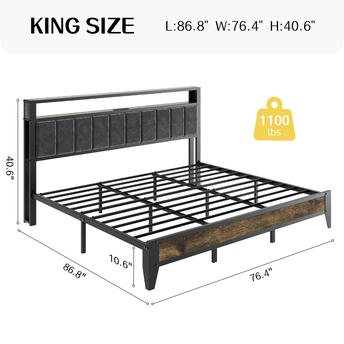 Bexfil King Size Bed Frame with LED Light, Charging Station and Storage Wood Headboard, Platform Bed Frames Weight Capacity of 1400 lbs for Bedroom (80.9‘'x80''Mattress )