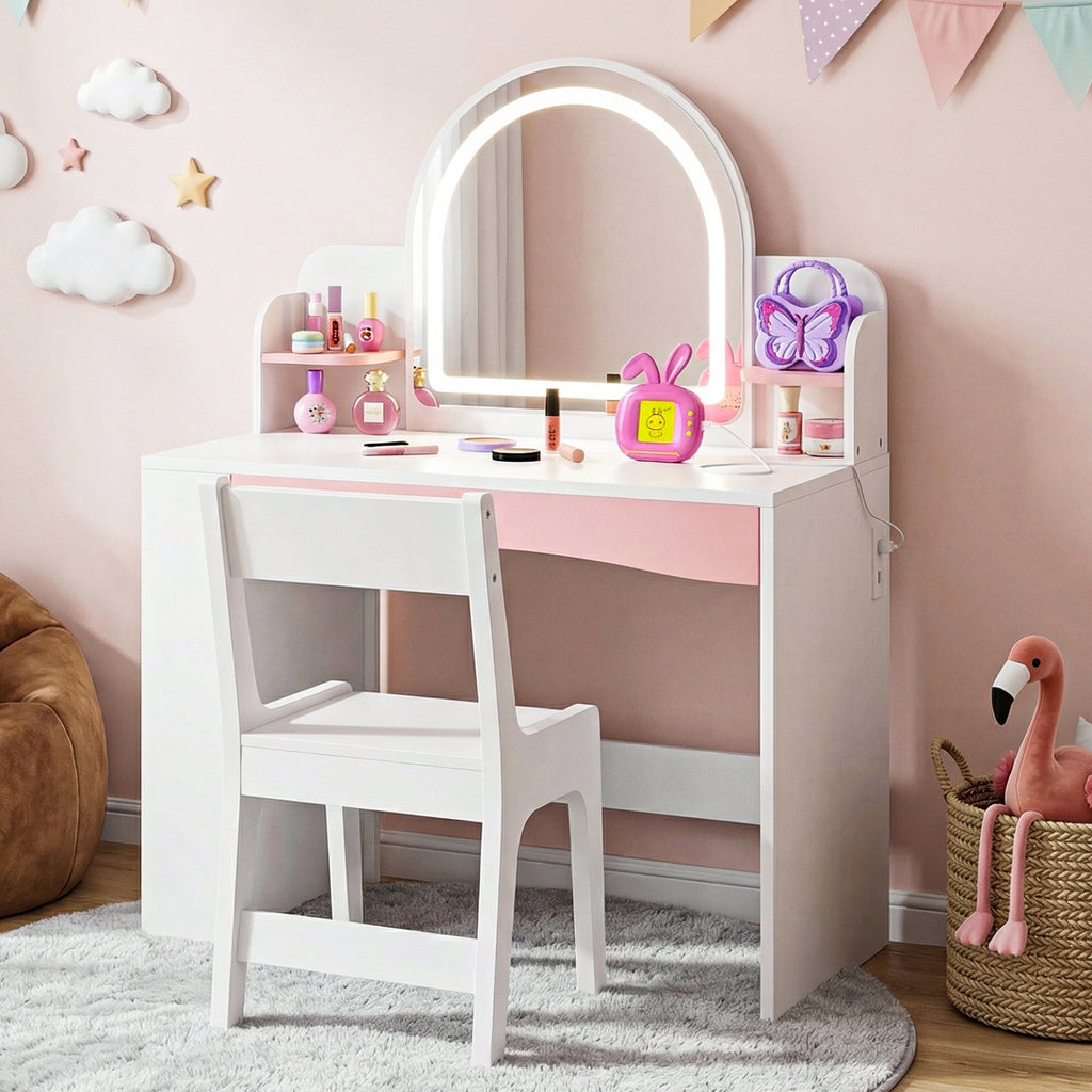 Kbun 27.5 in Wooden Kids' Vanity Set, Princess Style Dressing Table, Stool, and Furniture Set for Girls Ideal Birthday Gift ,White