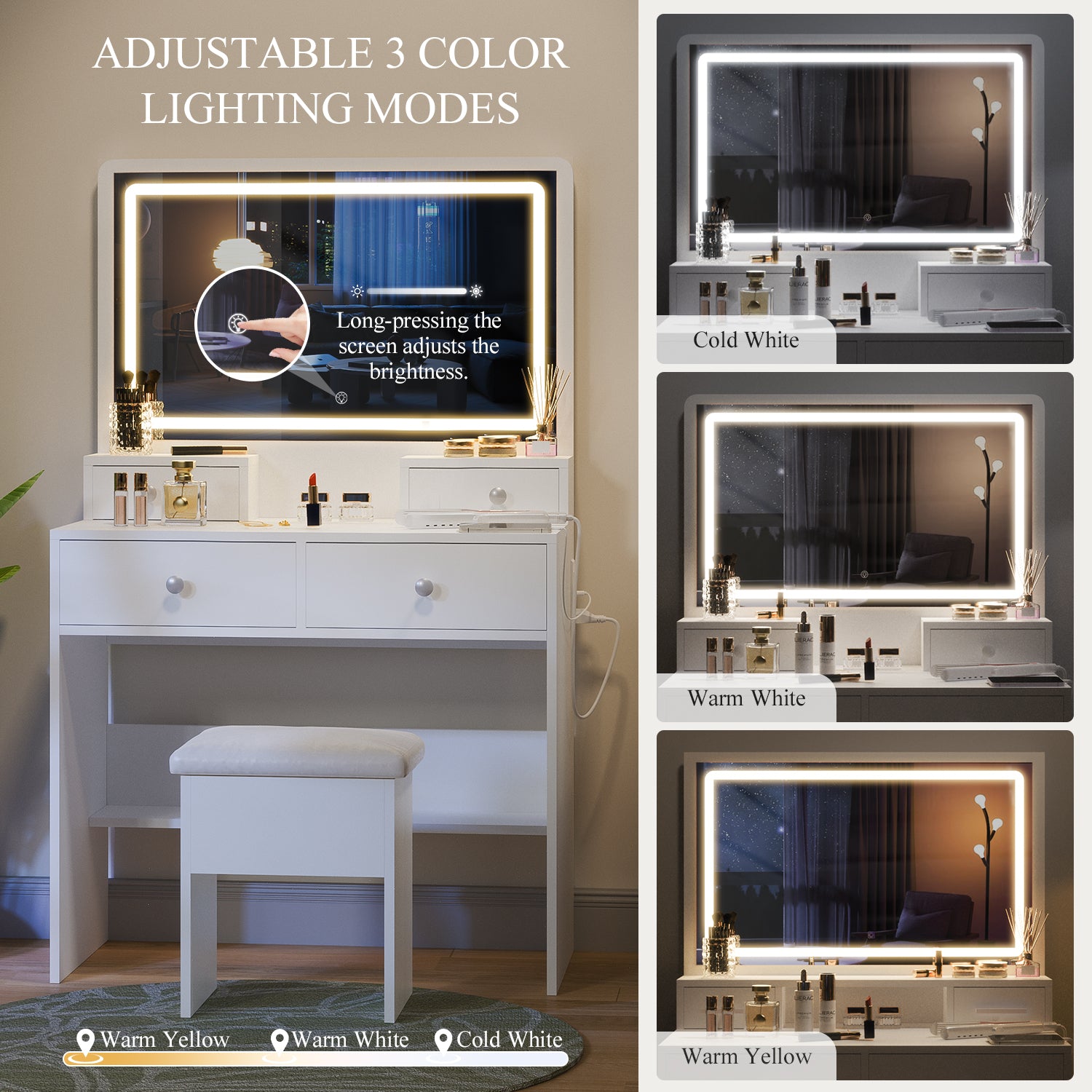 Bexfil White Vanity Desk Set With Led Lighted Mirror and Power Outlet, Makeup Table Top with 1 Open Bookcases, 4 Drawers, Dresser Table for Bedroom, Checkroom