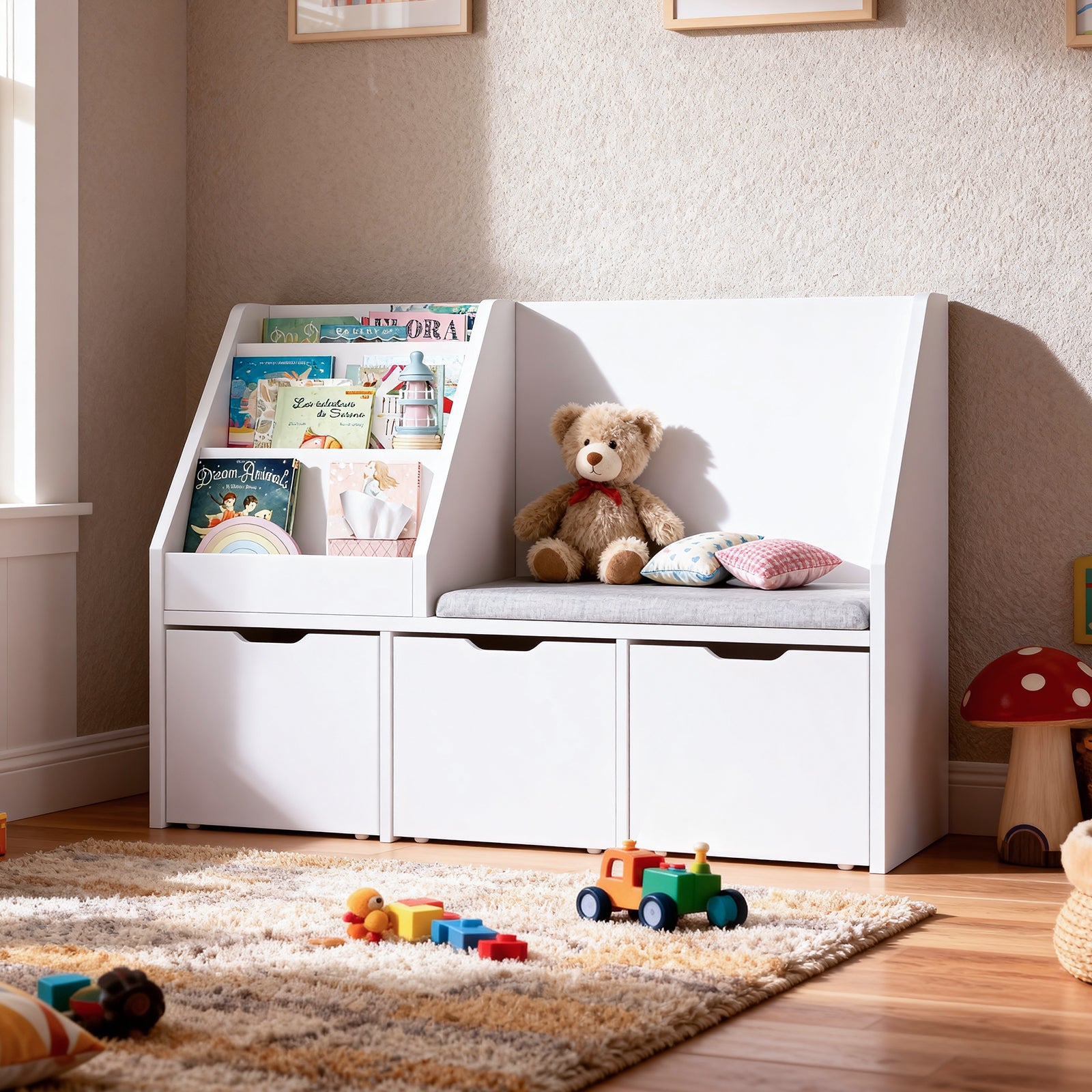 Bexfil Kids Bookshelf with Reading Nook and 3 Drawers, Reading Bench Bookshelf, Kids Bookcase 3-in-1 Storage Organizer Cozy Built-in Seat