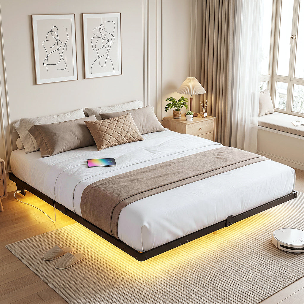 Bexfil King Size LED Floating Bed Frame with Remote Control and Charging Station, No Box Spring Needed, Easy to Assemble