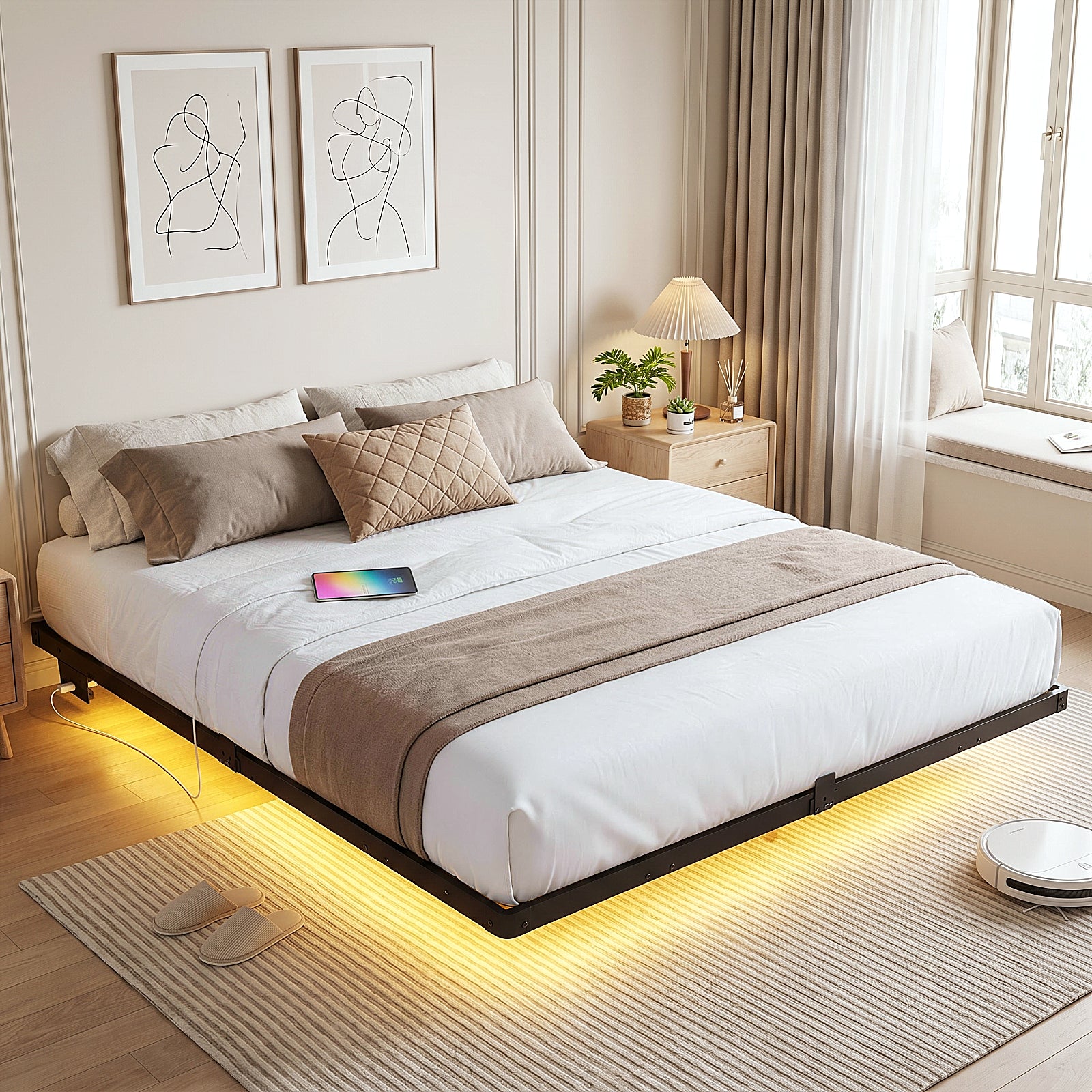 Bexfil King Size LED Floating Bed Frame with Remote Control and Charging Station, No Box Spring Needed, Easy to Assemble