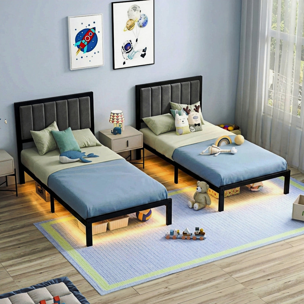 Bexfil Twin Size Upholstered Bed Frame with Metal Slat Support, Metal Platform Bed Frame Charging Station Mattress Foundation, Gray