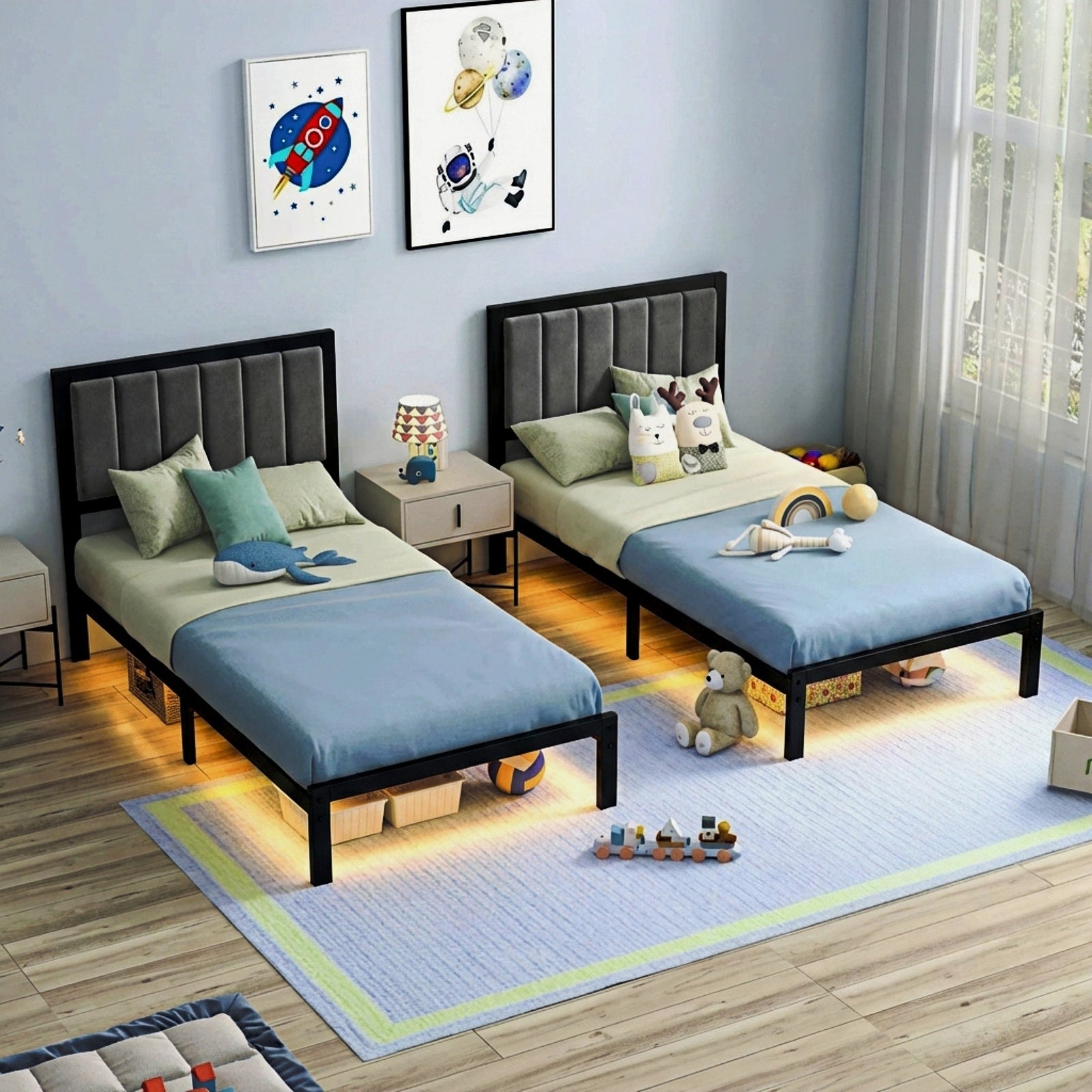 Bexfil Twin Size Upholstered Bed Frame with Metal Slat Support, Metal Platform Bed Frame Charging Station Mattress Foundation, Gray
