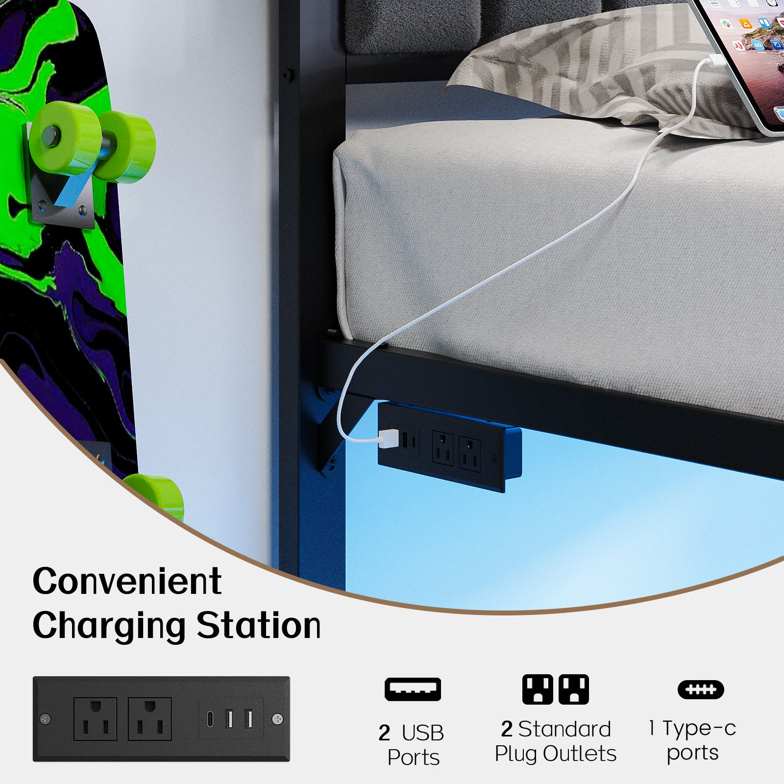 Dayago Twin Size Bed Frame with Upholstered Headboard, Adjustable LED Lights and Power Outlet, No Box Spring Required
