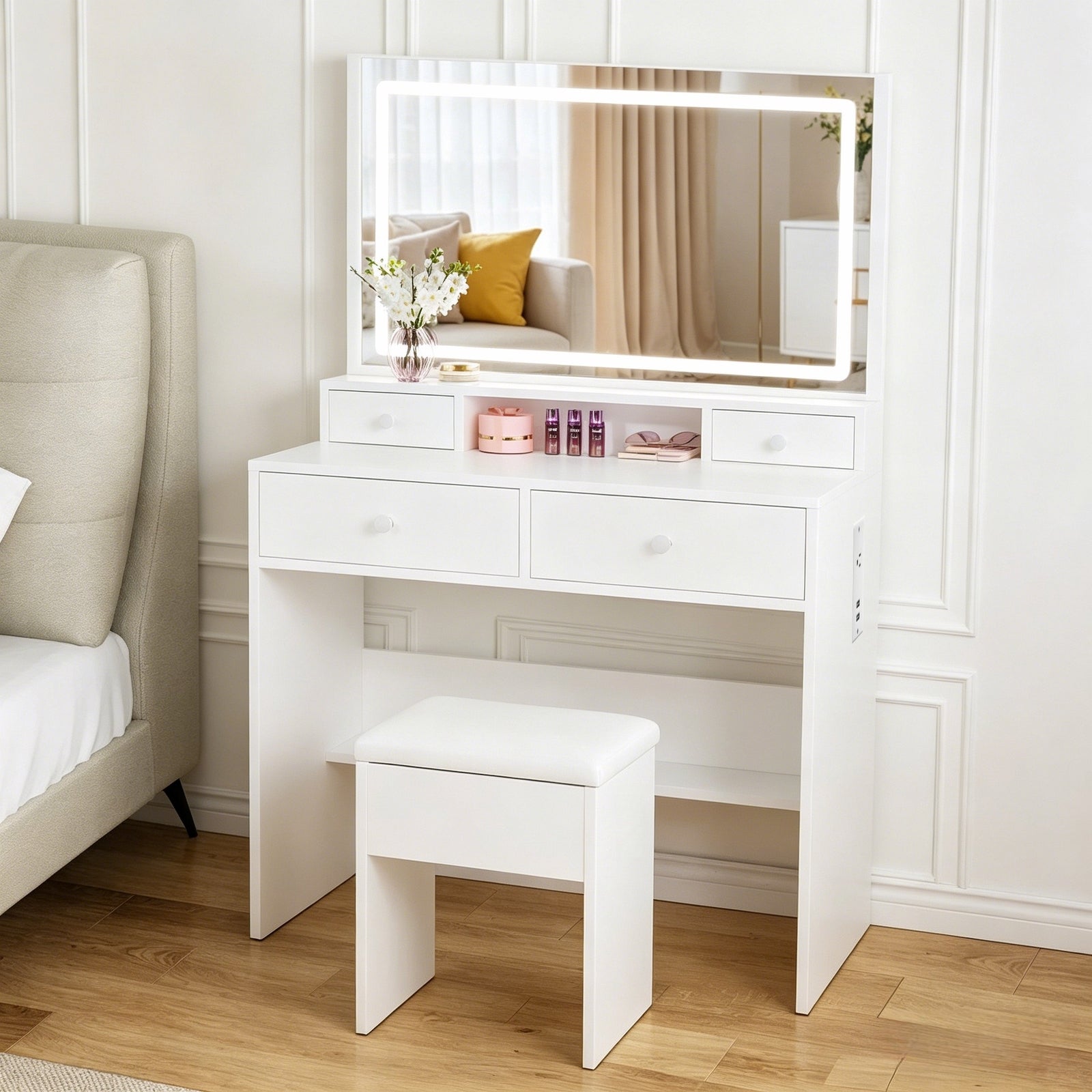 Bexfil White Vanity Desk Set With Led Lighted Mirror and Power Outlet, Makeup Table Top with 1 Open Bookcases, 4 Drawers, Dresser Table for Bedroom, Checkroom