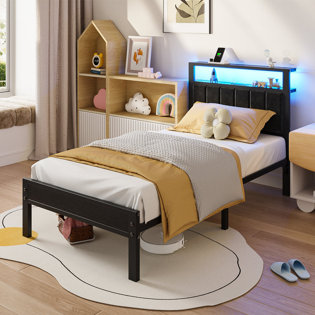 Kbun Twin Size Platform Bed Frame with Upholstered Headboard, Metal Bed Frame with LED Light, Heavy Duty Steel Slat Supported Queen Bed Frames, No Box Spring Needed, Black