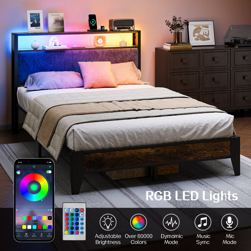 Dayago Full Size Bed Frame, Storage Headboard with Charging Station, Solid and Stable, Noise Free, No Box Spring Needed, Easy Assembly, Rustic Brown