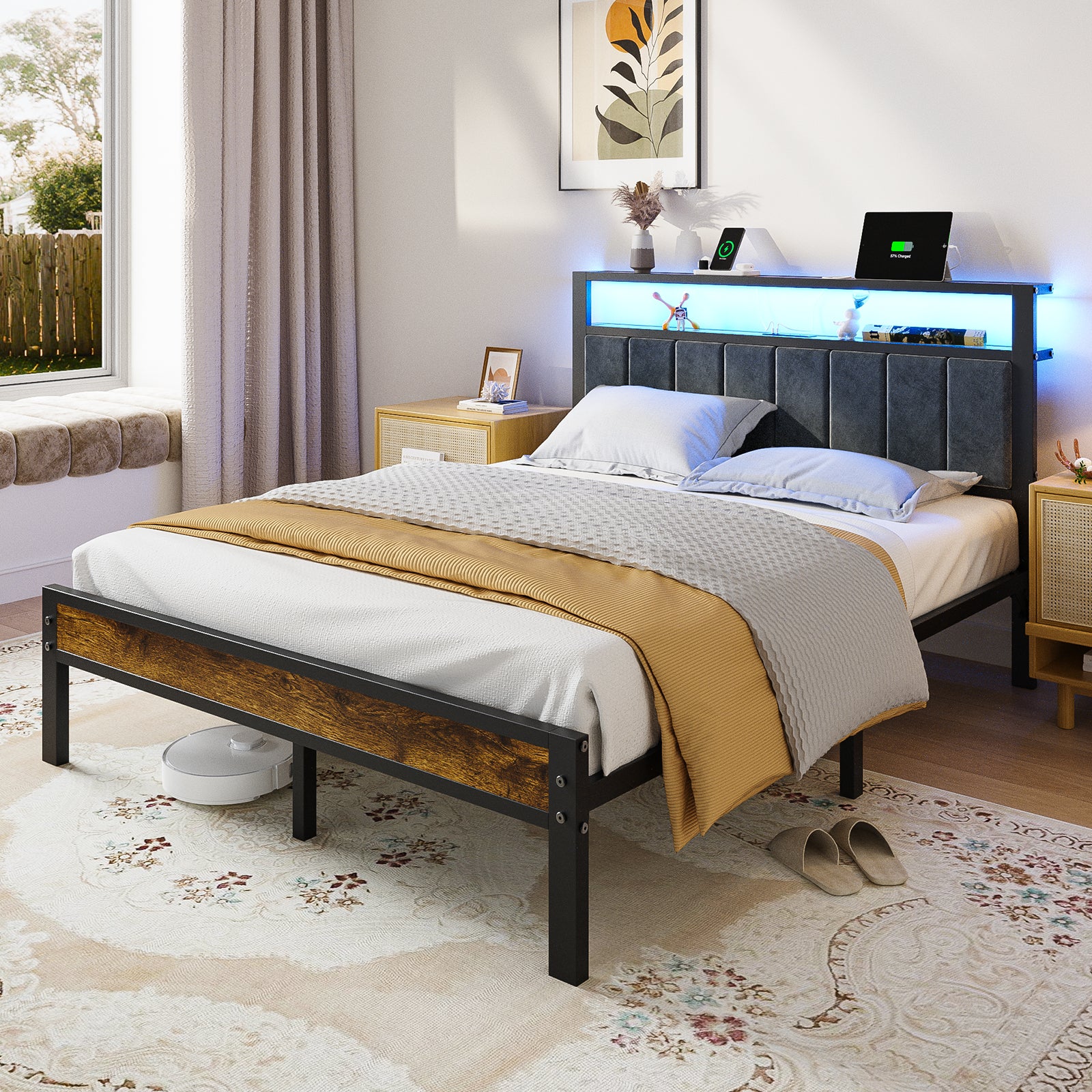 Kbun Queen Bed Frame with Storage Shelves & LED Light Headboard, Metal Platform Bed Frame with USB and Type-C Charging Station, No Box Spring Needed