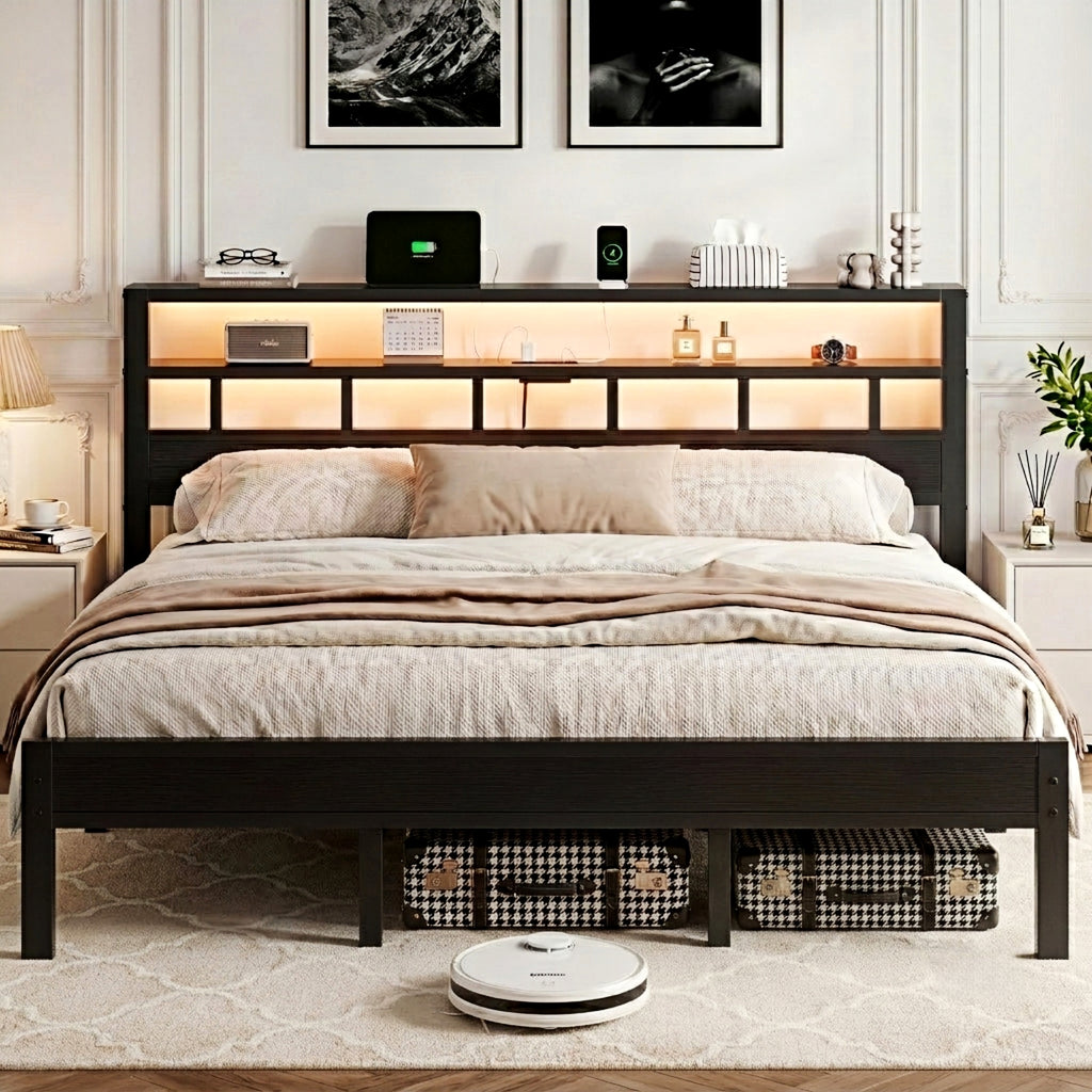 Kbun King Size LED Metal Bed Frame with 2-Tier Storage Headboard and Charging Station,No Box Spring Needed, Easy Assembly, Black