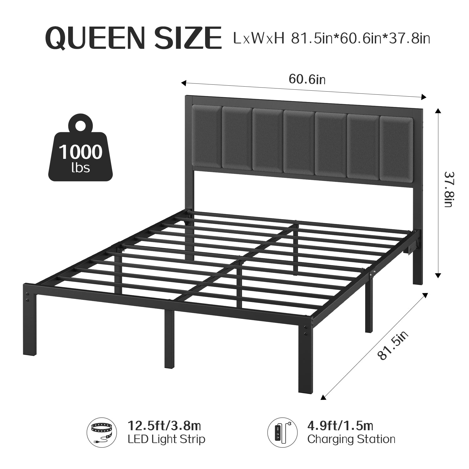 Kbun Queen Bed Frame with Headboard, Outlets and LED Lights, Heavy Duty Metal Platform with Storage Space Under Frame, No Box Spring Needed, Noise Free, Gray