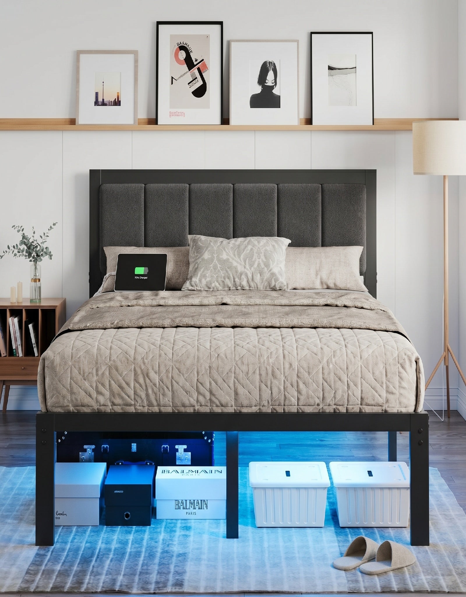 Bexfil Full Size Upholstered Bed Frame with Metal Slat Support, Metal Platform Bed Frame Charging Station Mattress Foundation, Gray