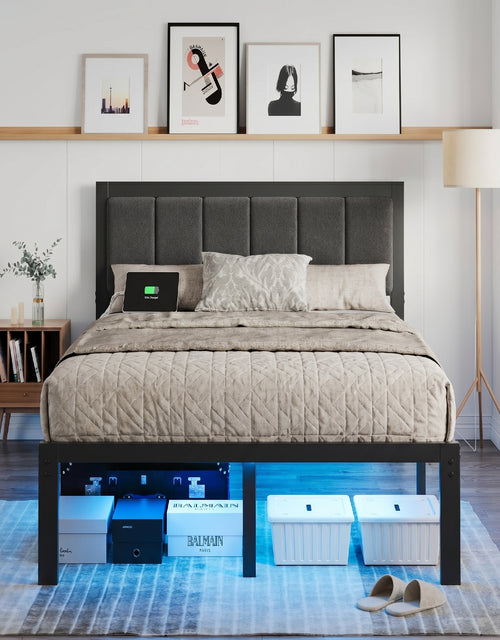 Bexfil Full Size Upholstered Bed Frame with Metal Slat Support, Metal Platform Bed Frame Charging Station Mattress Foundation, Gray