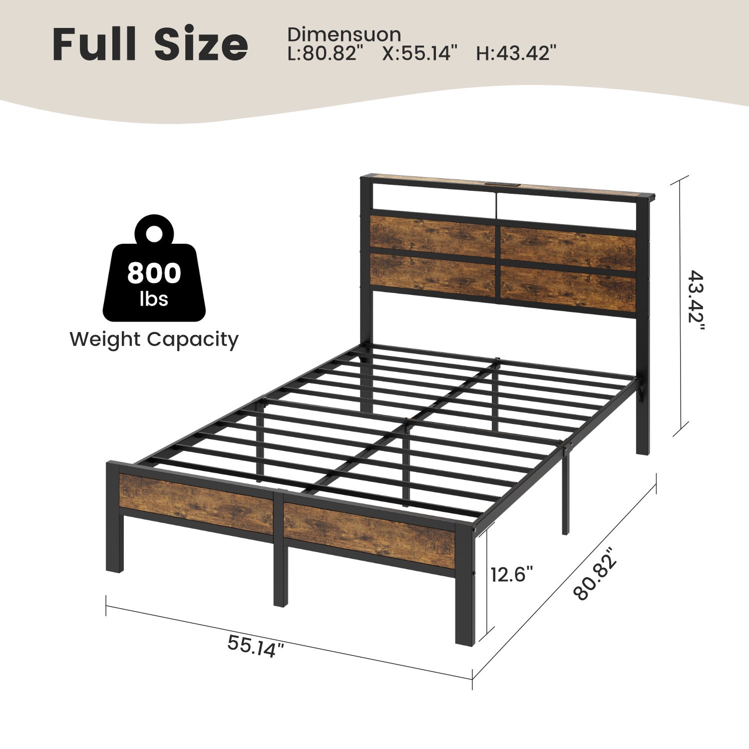 Dayago Full Bed Frames with Charging Station and LED Lights, Full Size Wood Headboard Platform Bed with Metal Slats, No Box Spring Needed and Noise Free, Brown Oak