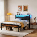 Bexfil Queen Size Bed Frame with LED Lights, Charging Station and Shelf Upholstered Headboard, Heavy Duty Metal Platform Bed, Noise Free, No Box Spring Needed Brown