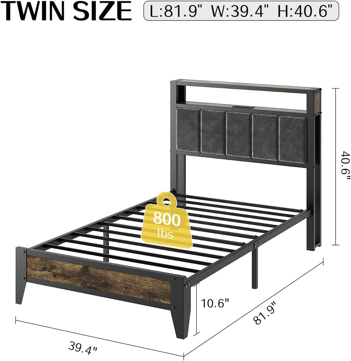 OLEVS Twin Bed Frame with LED Light Storage Headboard Metal Platform Bed| Charging Station Type C, Upholstered 2-Tier Headboard, No Box Spring Needed