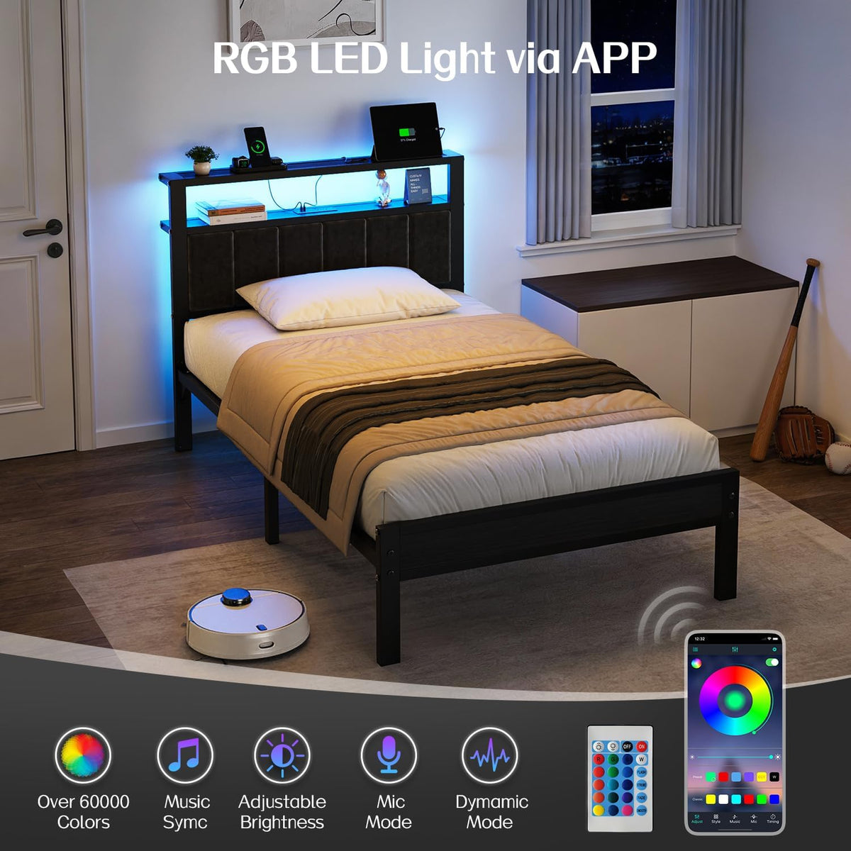 OLEVS Twin Bed Frame with LED Lights & USB Outlets, Platform Twin Bed with Storage Headboard, No Box Spring Needed, Easy Assembly