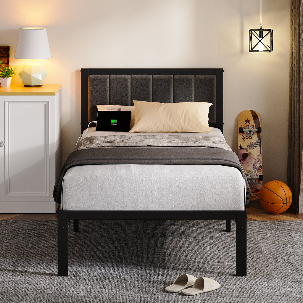 Kbun Metal Platform Bed Frame, Twin Bed Frame with Upholstered Headboard, Charage Station and LED Light Strip, Under-Bed Storage, No Box Spring Needed, Easy Assembly, Gray