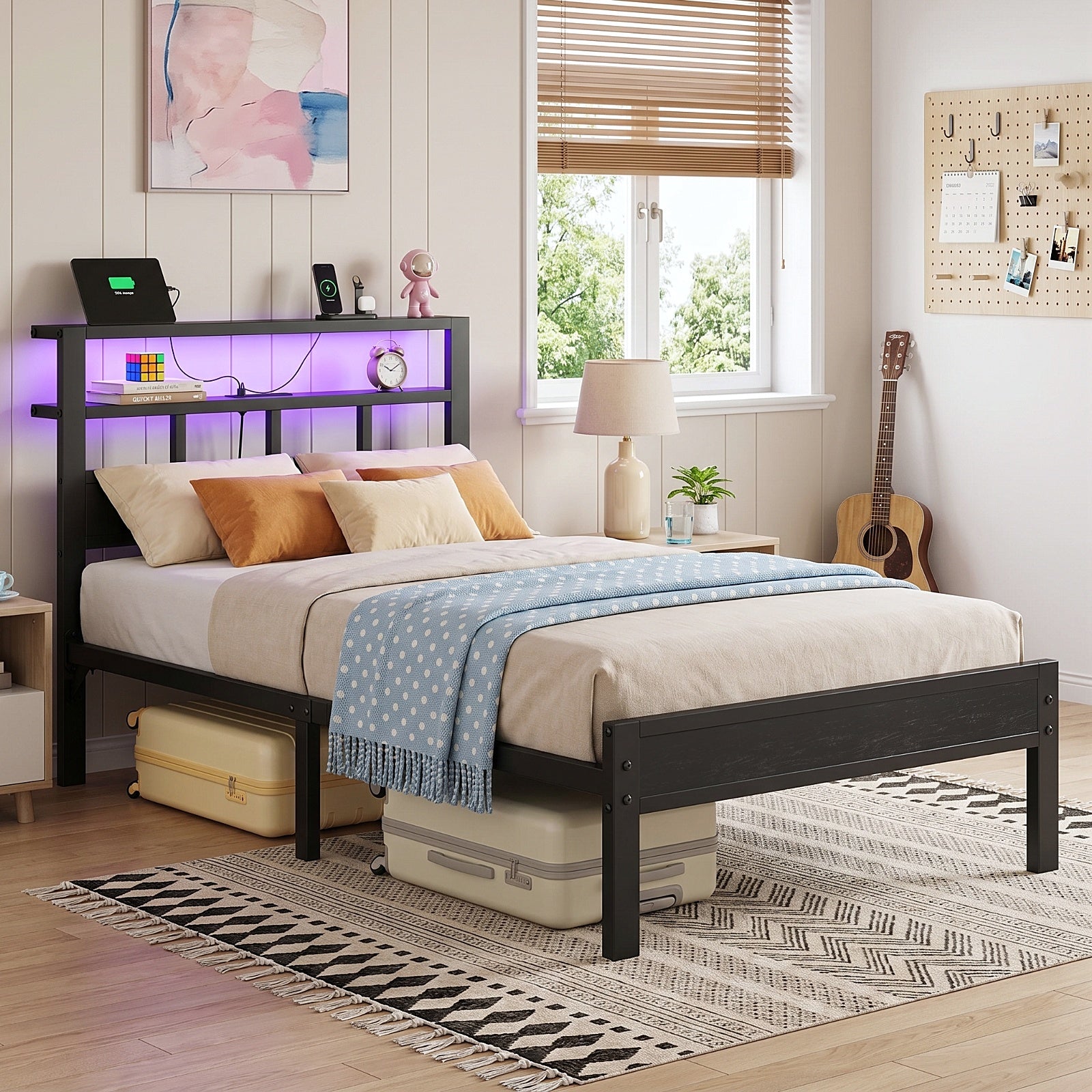 Bexfil Twin Bed Frame with Storage Headboard and LED Light, Metal Platform Bed Station with Charging Station & LED, Noise-Free, No Box Spring Needed
