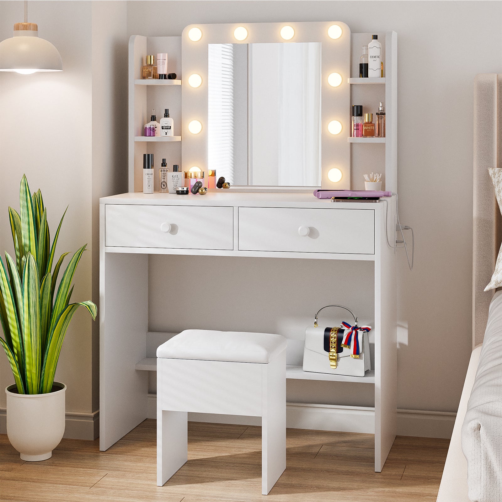 Haewon White Vanity Desk with Mirror and Lights, Makeup Vanity with 10 LED Bulbs and 3 Color Modes, Dressing Table Set with Power Outlets, Storage Drawers and Chair for Bedroom