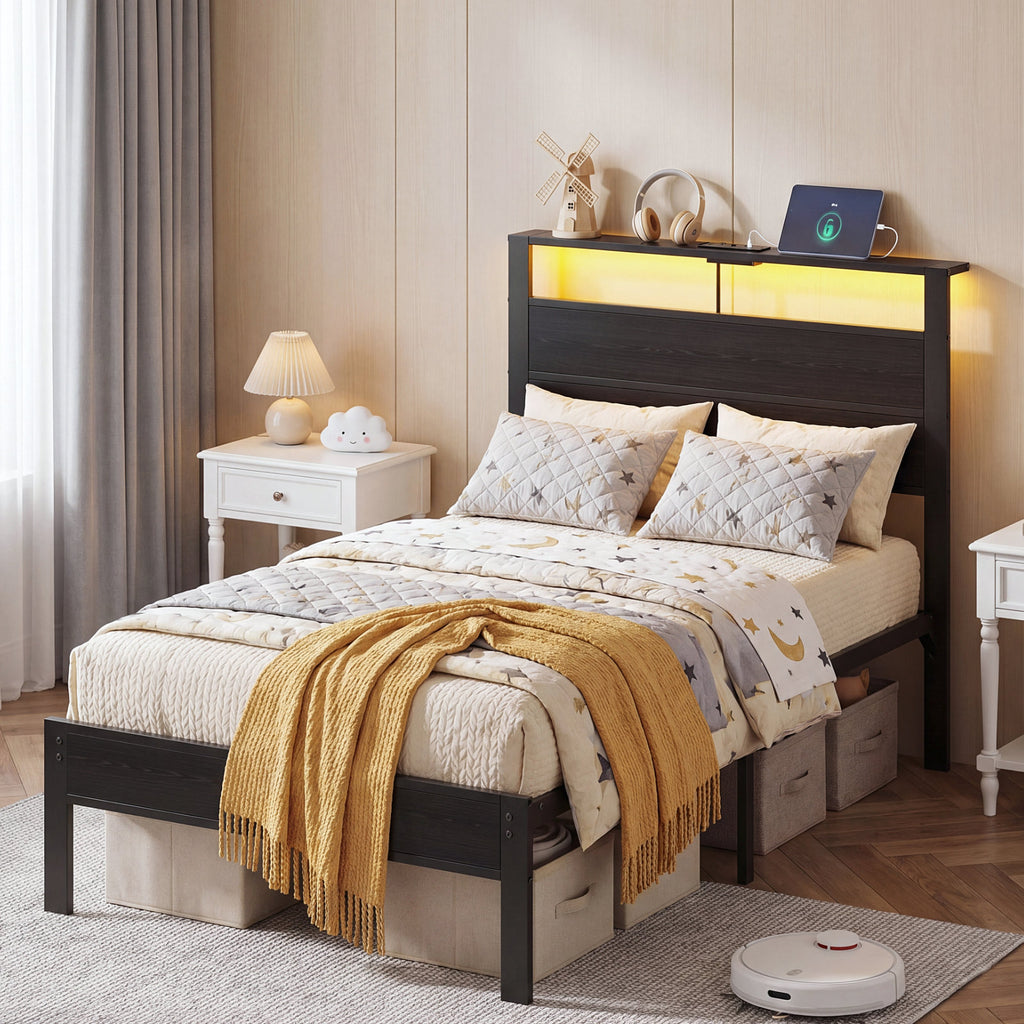 Kbun Twin Size Platform Bed Frame with Fabric Wood Headboard, Metal Bed Frame with LED Light, Heavy Duty Steel Slat Supported Full Bed Frames, No Box Spring Needed, Black