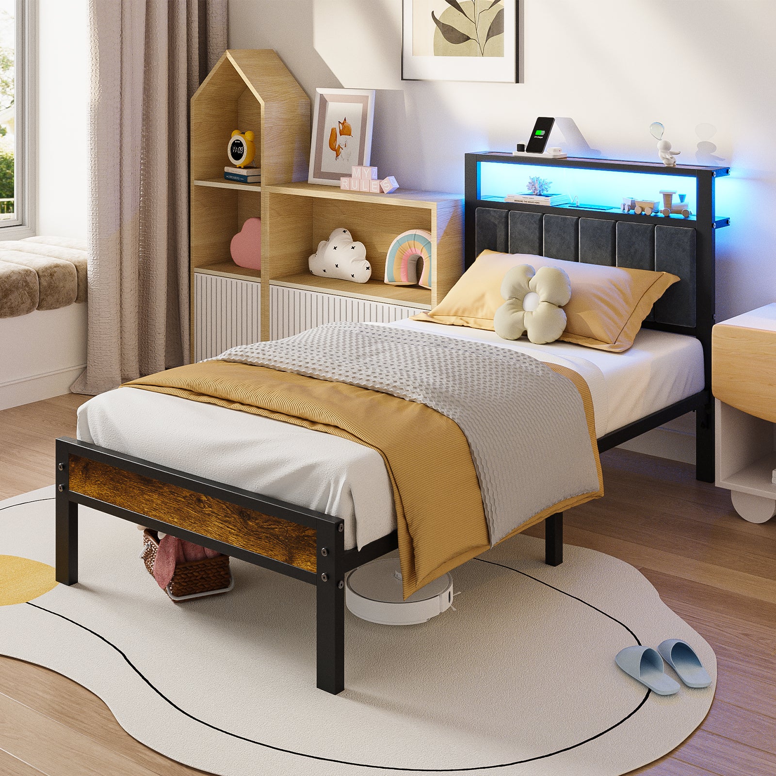 Bexfil Twin Size Bed Frame with LED Lights, Charging Station and Shelf Upholstered Headboard, Heavy Duty Metal Platform Bed, Noise Free, No Box Spring Needed Brown
