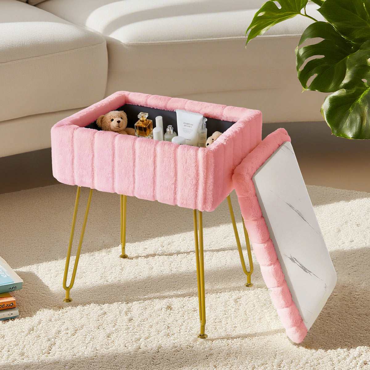 Kbun Faux Fur Vanity Stool with Storage, Makeup Ottoman Chair with Upholstered Seat, Metal Legs & Anti-Slip Feet for Bedroom, Living Room, Pink