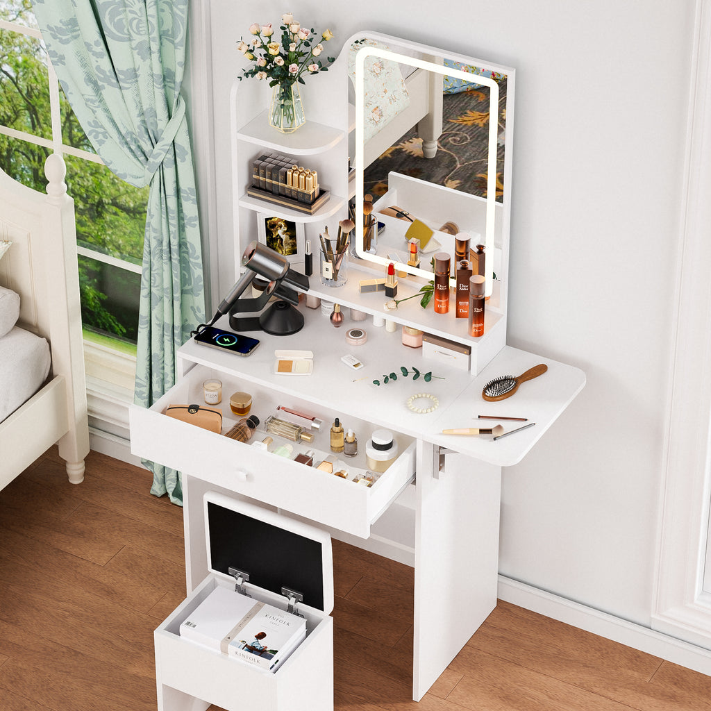 Haewon 25.4" White Small Vanity Desk with LED Light Mirror & Power Outlet , Makeup Vanity with Foldable Panel, Vanity Set with Stool for Bedroom, White