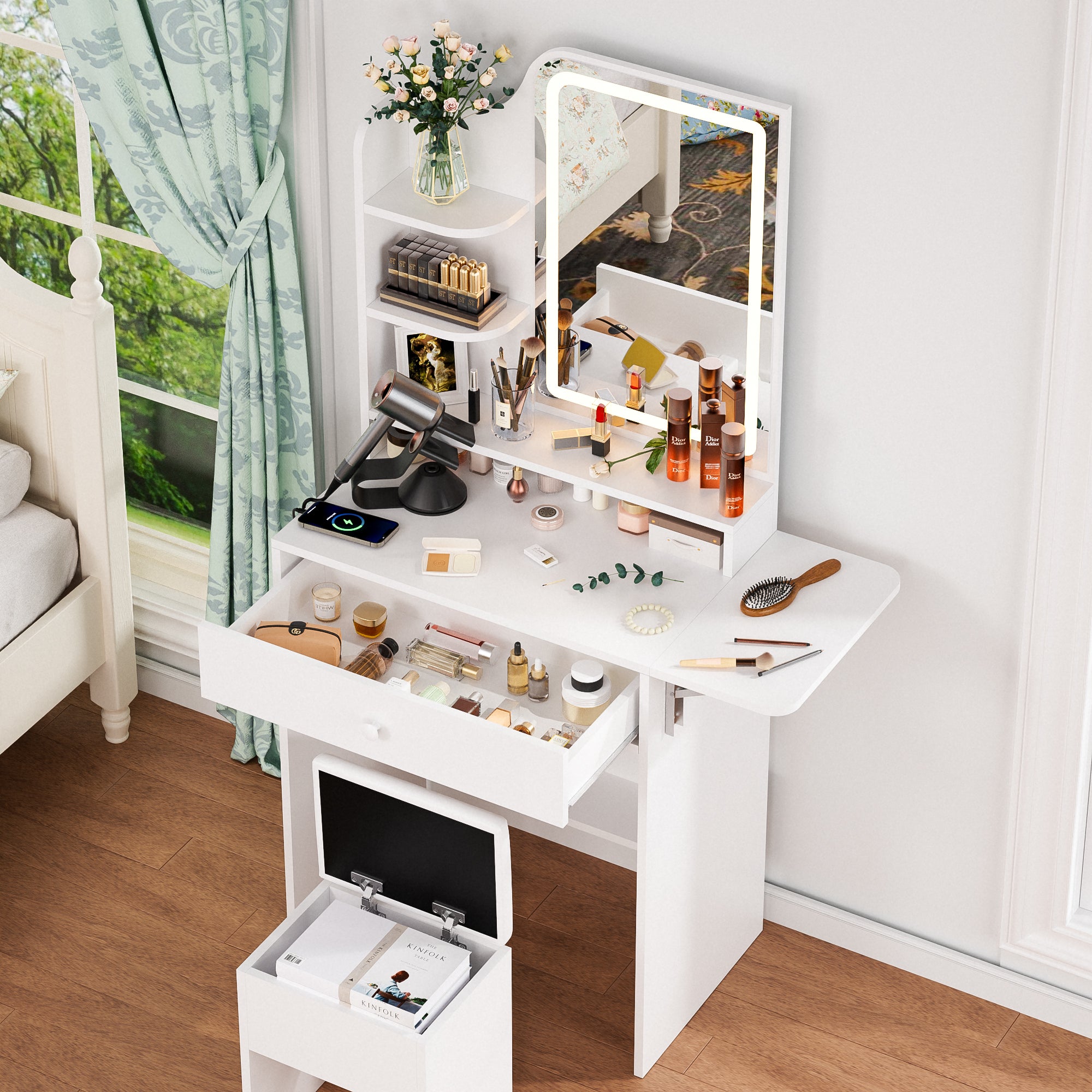 Haewon 25.4" White Small Vanity Desk with LED Light Mirror & Power Outlet , Makeup Vanity with Foldable Panel, Vanity Set with Stool for Bedroom, White
