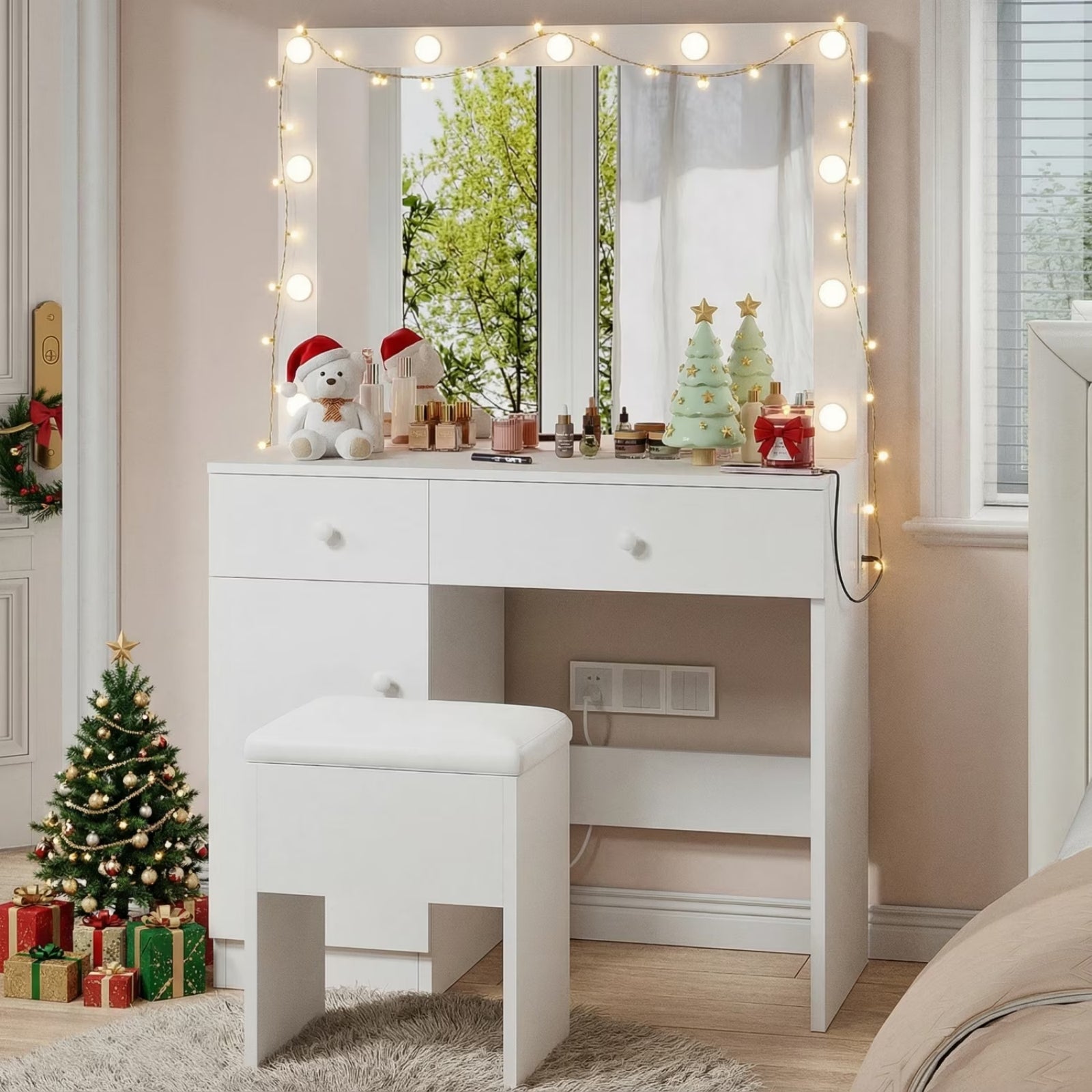 Haewon 32" Vanity Desk with Large Mirror, LED Lights, AC Outlet, USB Ports, Make up Vanity Desk with Mirror and Lights andDrawer & Storage Cabinet, Vanity Set with Cushioned Stool