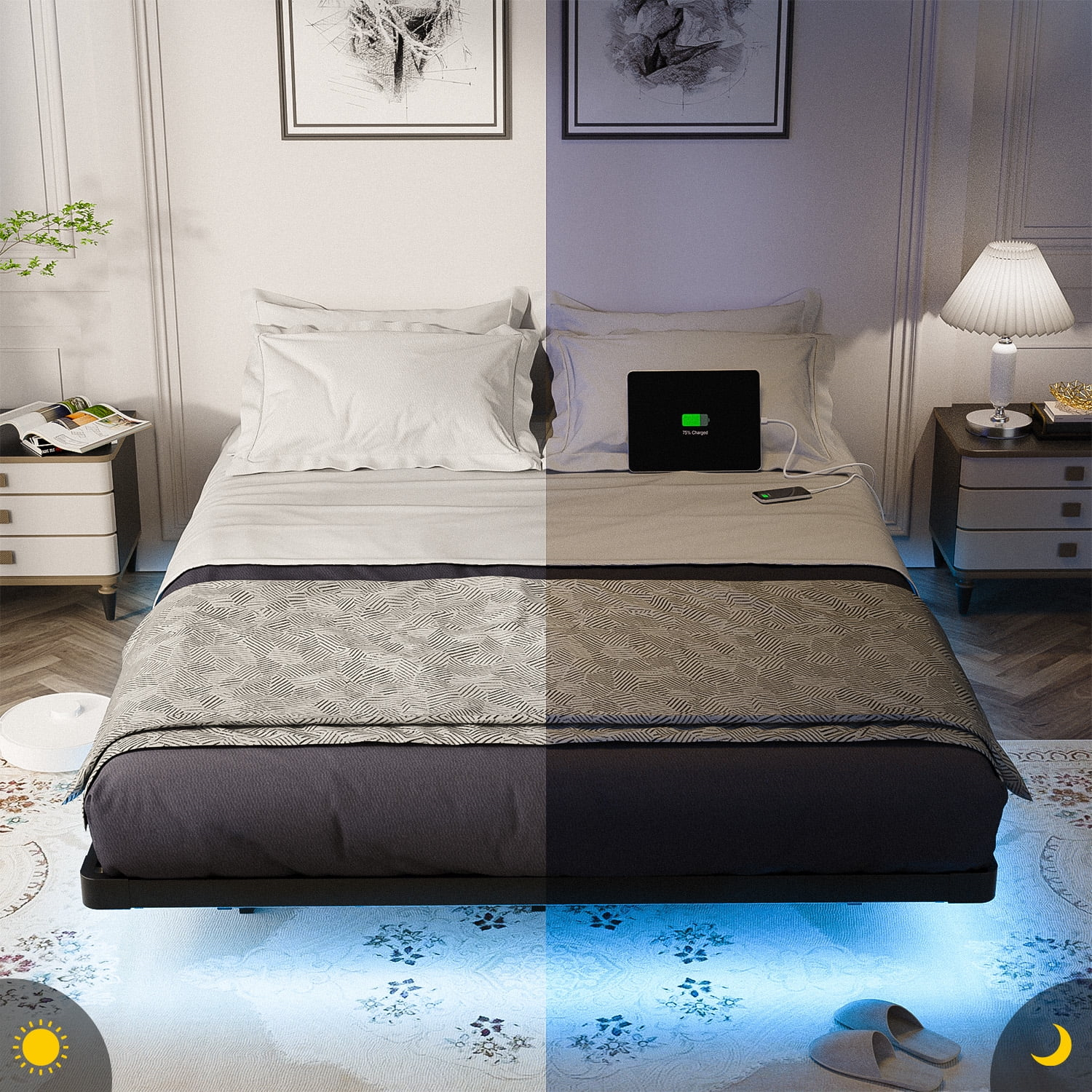 Dayago Modern Floating Queen Bed Frame with LED Lights and Charging Station No Box Spring Required