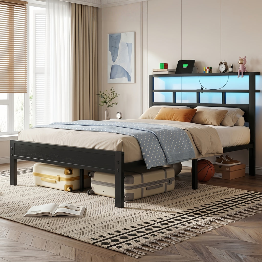 Kbun Twin Size LED Metal Bed Frame with 2-Tier Storage Headboard and Charging Station,No Box Spring Needed, Easy Assembly, Black