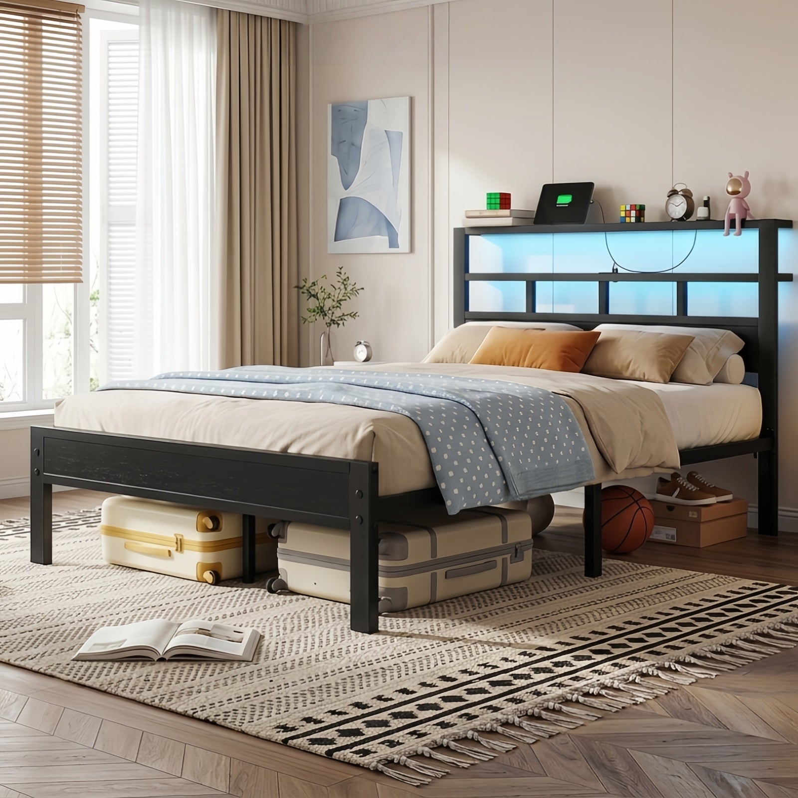 Kbun Twin Size LED Metal Bed Frame with 2-Tier Storage Headboard and Charging Station,No Box Spring Needed, Easy Assembly, Black