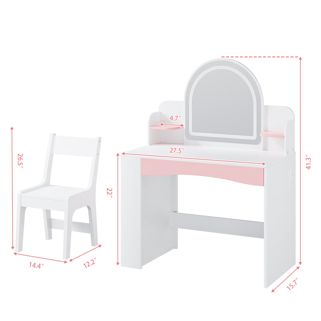 Bexfil Toddler Vanity with Lights and Chair Set, Kids LED Makeup Table with Adjustable Brightness & 3 Lighting Modes, Open Shelves and Bookshelf for Bedroom, Children's Study