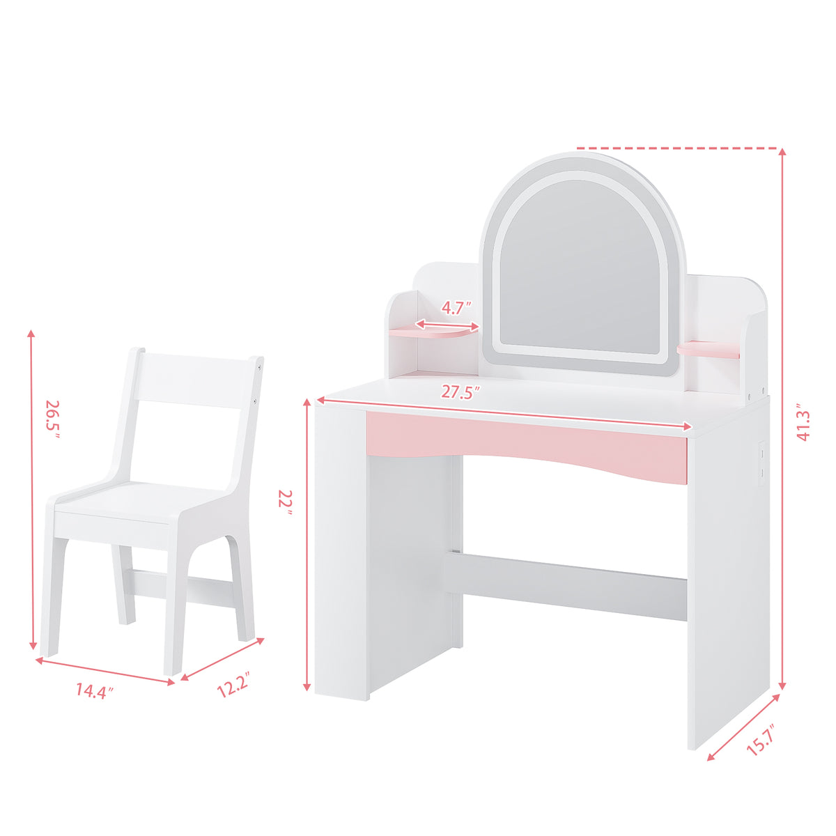 Bexfil Toddler Vanity with Lights and Chair Set, Kids LED Makeup Table with Adjustable Brightness & 3 Lighting Modes, Open Shelves and Bookshelf for Bedroom, Children's Study
