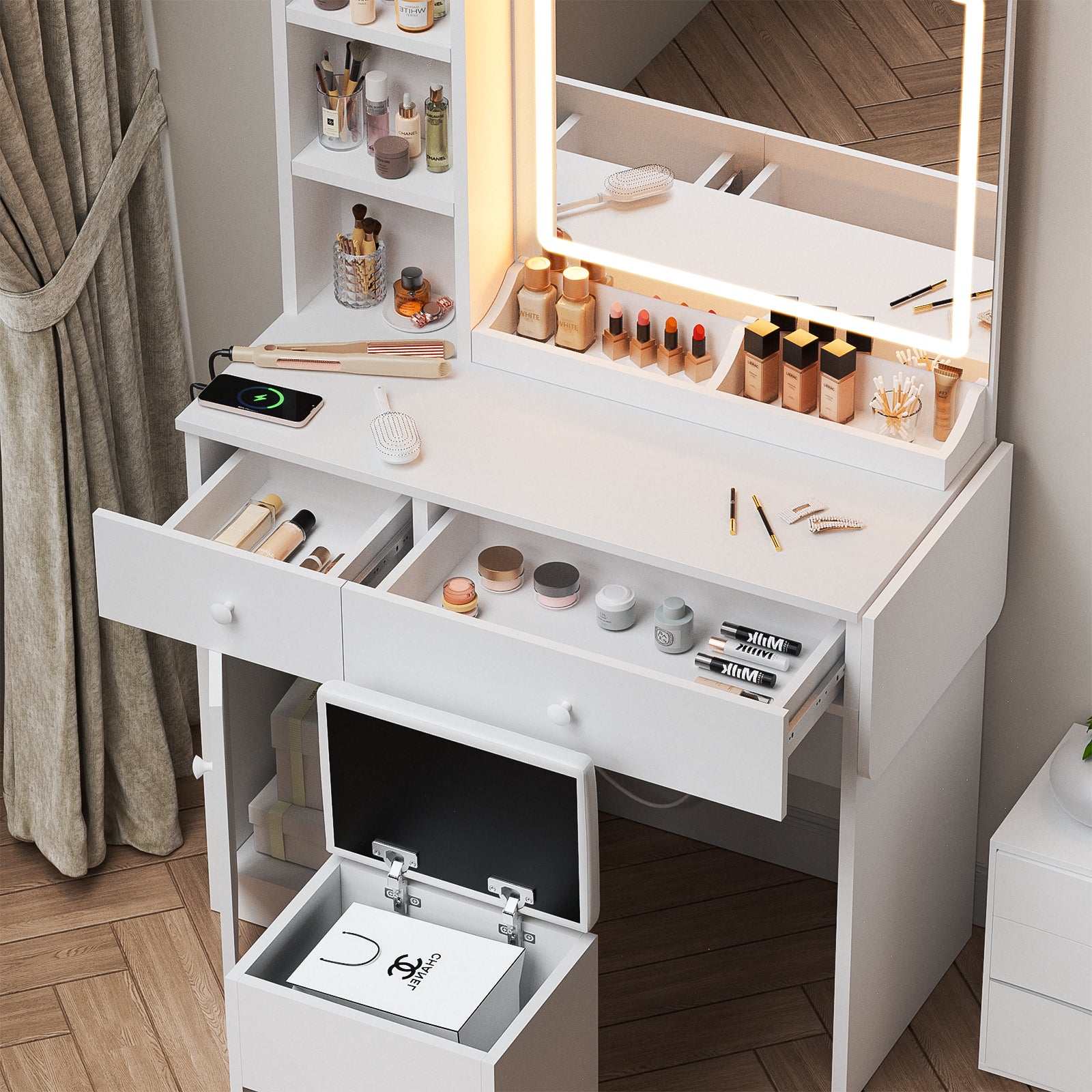 Haewon 35" Vanity Desk with Mirror, LED Light, Power Outlet, Makeup Vanity with Storage Cabinet and Foldable Panel, Vanity Set with Cushioned Stool, White