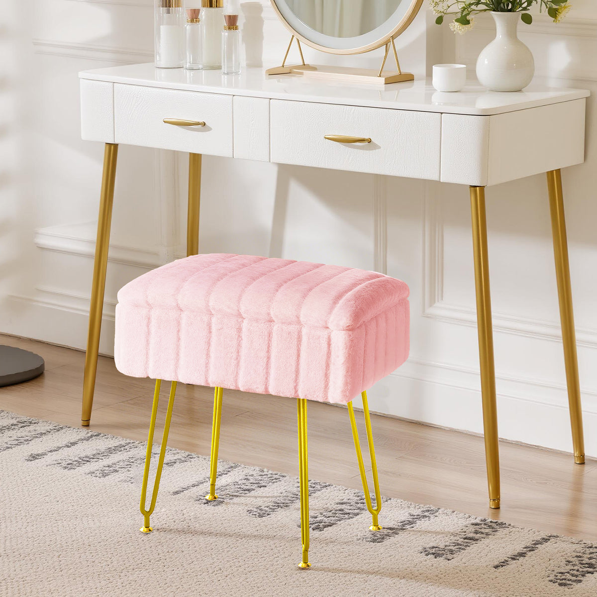 Kbun Faux Fur Vanity Stool with Storage, Makeup Ottoman Chair with Upholstered Seat, Metal Legs & Anti-Slip Feet for Bedroom, Living Room, Pink