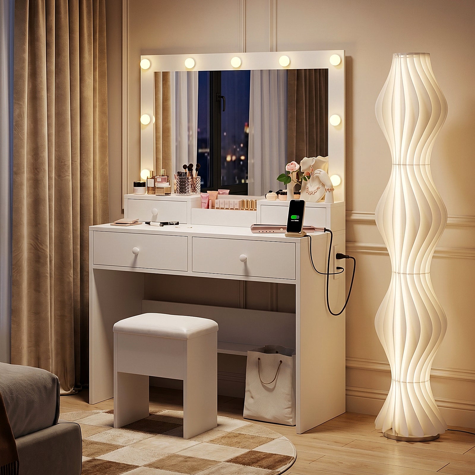 Haewon 31" Vanity Desk with Mirror, LED Lights and Charging Station, Makeup Vanity with Storage Stool, Vanity Set for Bedroom, White