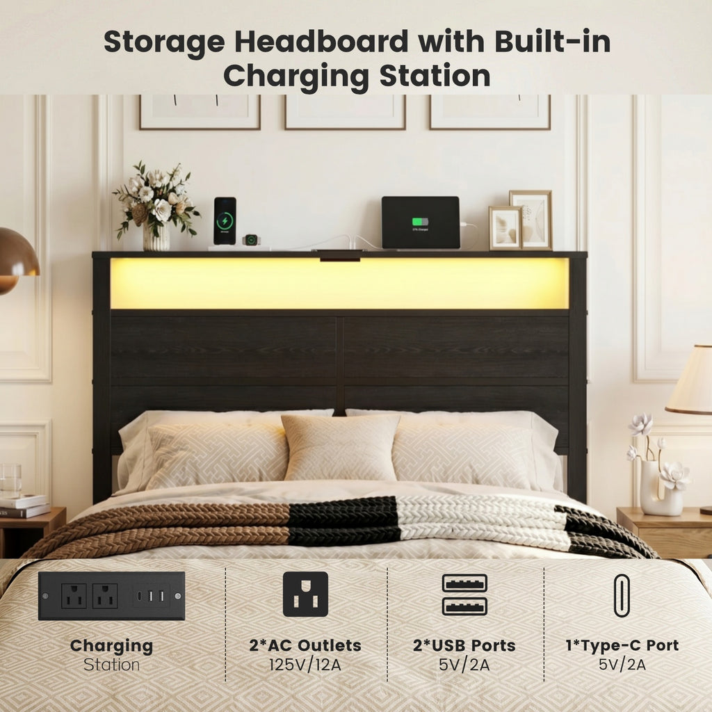Dayago Queen Bed Frames with Charging Station and LED Lights, Queen Size Wood Headboard Platform Bed with Metal Slats, No Box Spring Needed and Noise Free, Black Oak