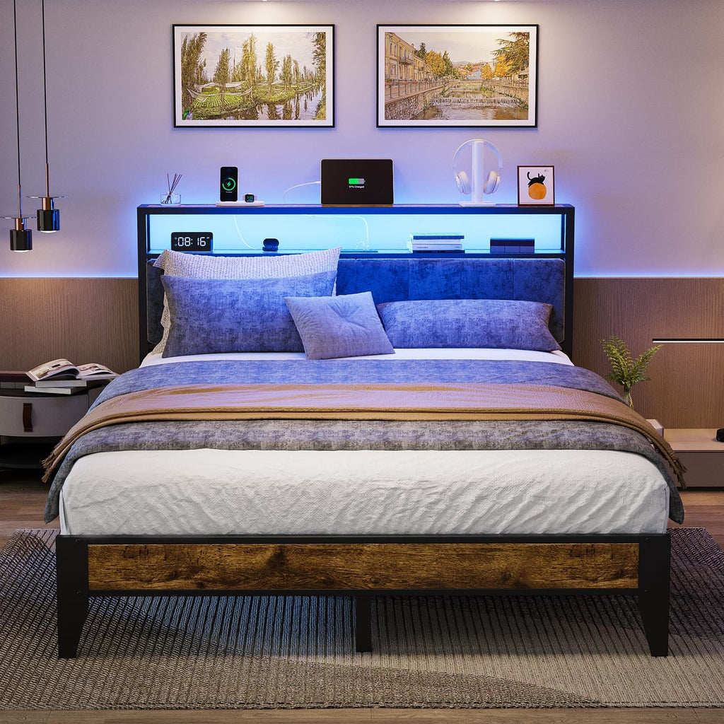 OLEVS Queen Size Bed Frame with Charging Station & LED Light, 2-Tier Storage Headboard & Footboard, Noise-Free Metal Platform Bed No Box Spring Needed, Easy Assembly