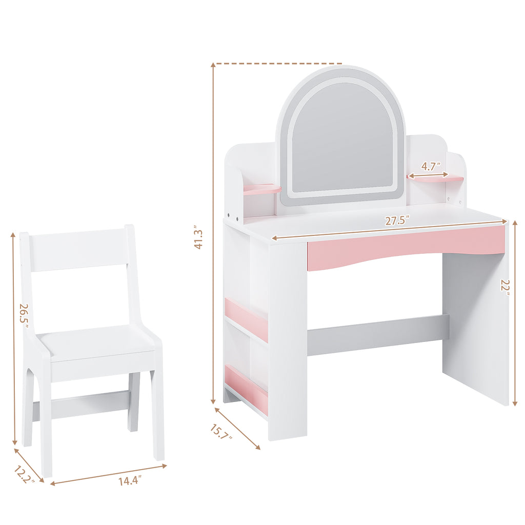 Bexfil Toddler Vanity with Lights and Chair Set, Kids LED Makeup Table with Adjustable Brightness & 3 Lighting Modes, Open Shelves and Bookshelf for Bedroom Playroom