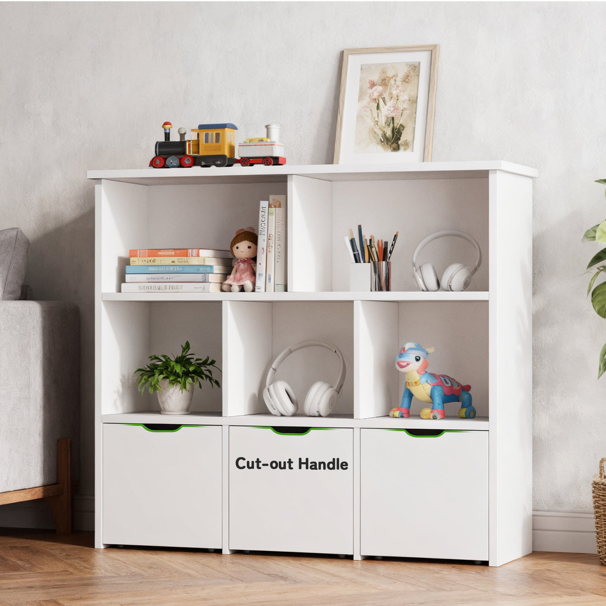 Kbun 5 Cube Toy Storage Cabinet, Kids Geometric Bookcase and Bookshelf with 3 large Drawers, Toddler Book Shelf for Kids Rooms, Playroom, Nursery, Kindergarten White