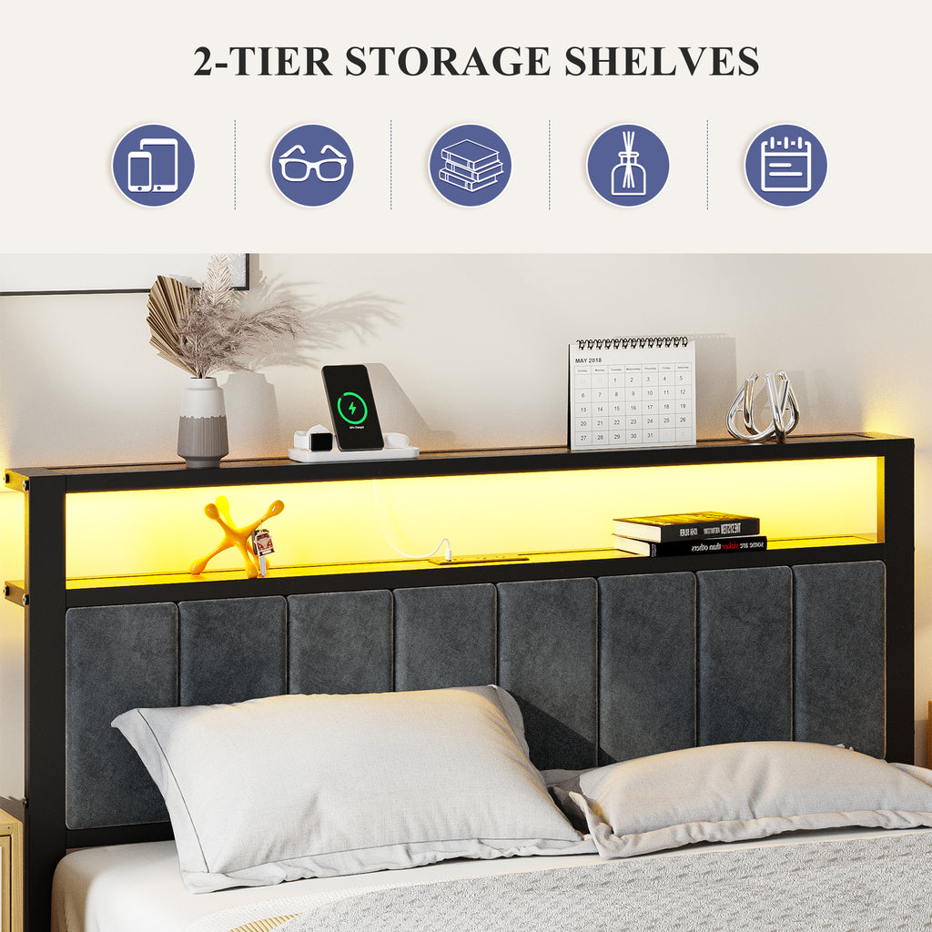 Kbun Queen Bed Frame with Storage Shelves & LED Light Headboard, Metal Platform Bed Frame with USB and Type-C Charging Station, No Box Spring Needed