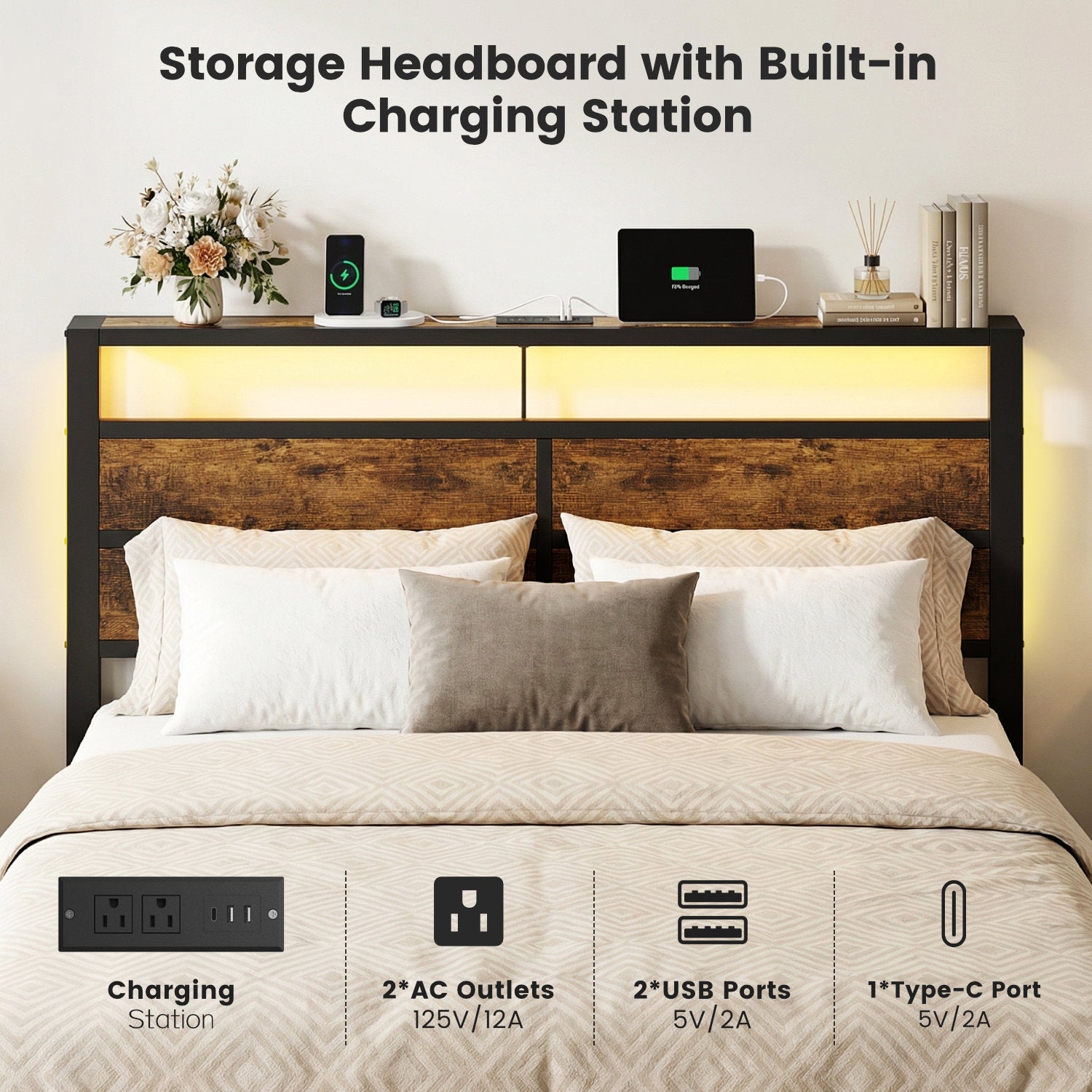 Dayago Full Bed Frames with Charging Station and LED Lights, Full Size Wood Headboard Platform Bed with Metal Slats, No Box Spring Needed and Noise Free, Brown Oak