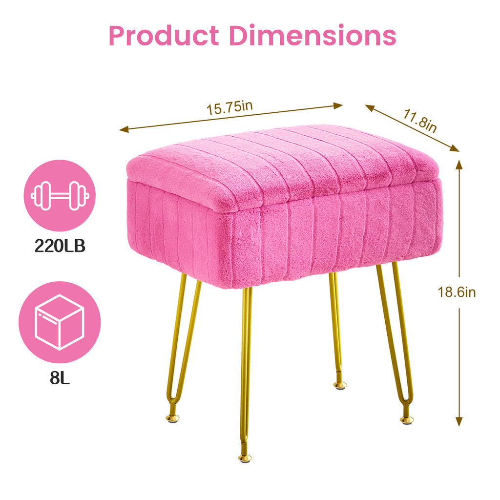 Kbun Faux Fur Vanity Stool with Storage, Makeup Ottoman Chair with Upholstered Seat, Metal Legs & Anti-Slip Feet for Bedroom, Living Room, Rose Pink