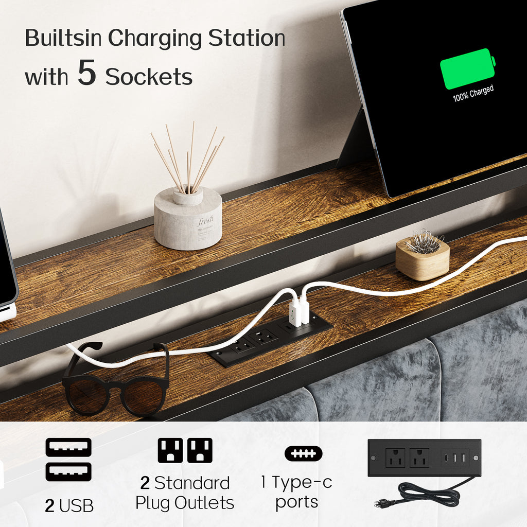Dayago Queen Size Bed Frame, Storage Headboard with Charging Station, Solid and Stable, Noise Free, No Box Spring Needed, Easy Assembly, Rustic Brown