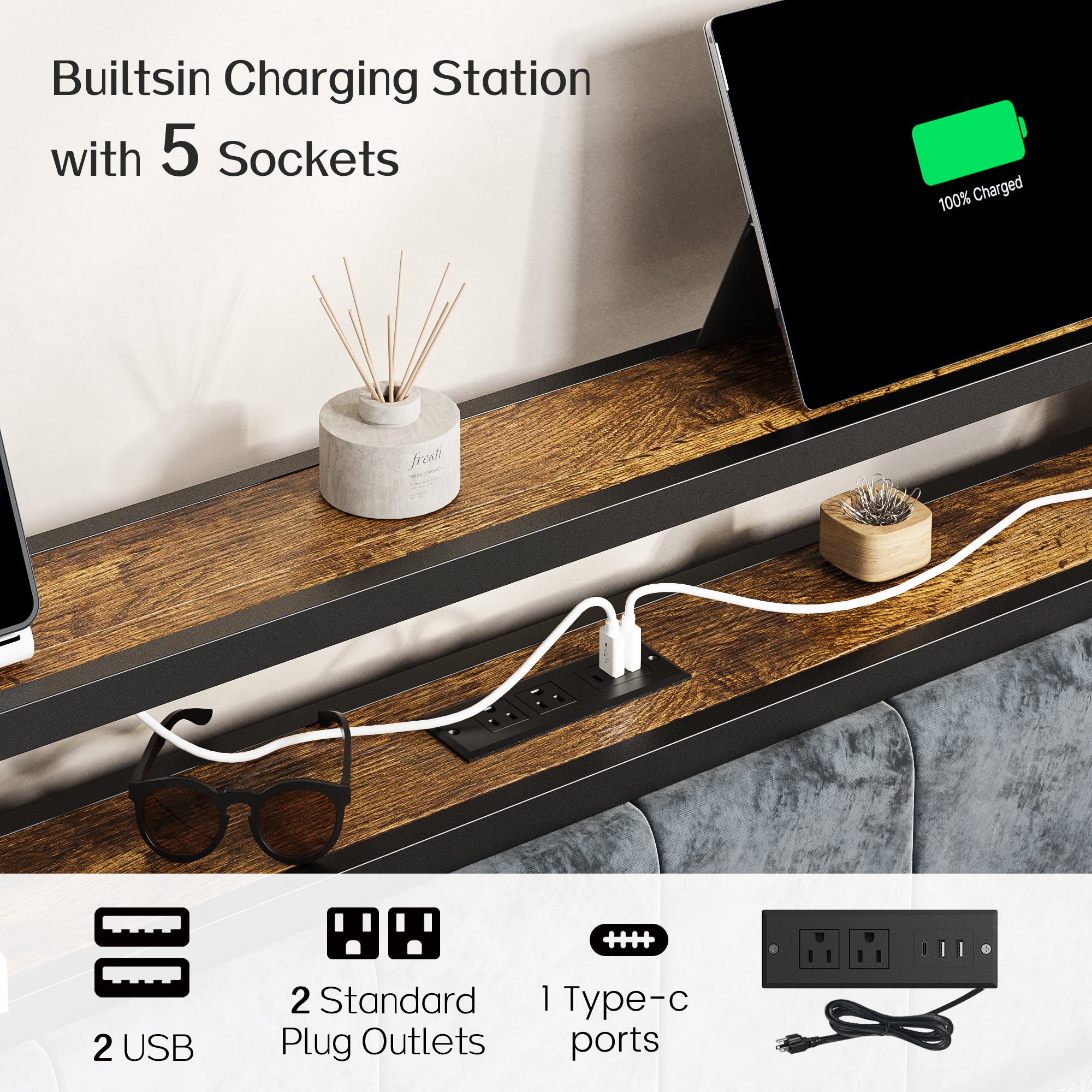 Dayago Queen Size Bed Frame, Storage Headboard with Charging Station, Solid and Stable, Noise Free, No Box Spring Needed, Easy Assembly, Rustic Brown