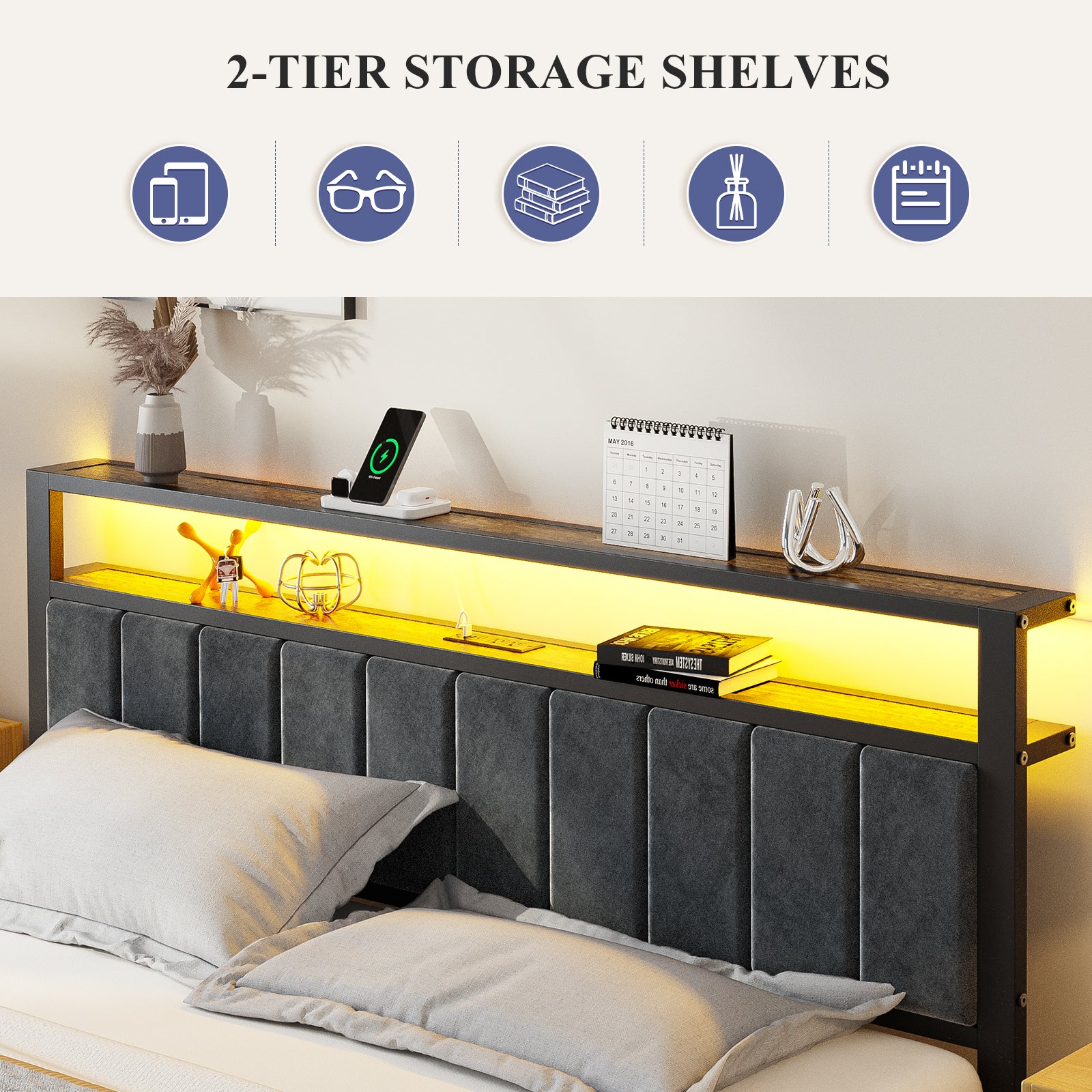 Kbun King Bed Frame with 2-Tier Storage Headboard, Bed Frame King Size with LED Lights and Charging Station, Under Bed Storage Space, No Box Spring Needed, Noise Free